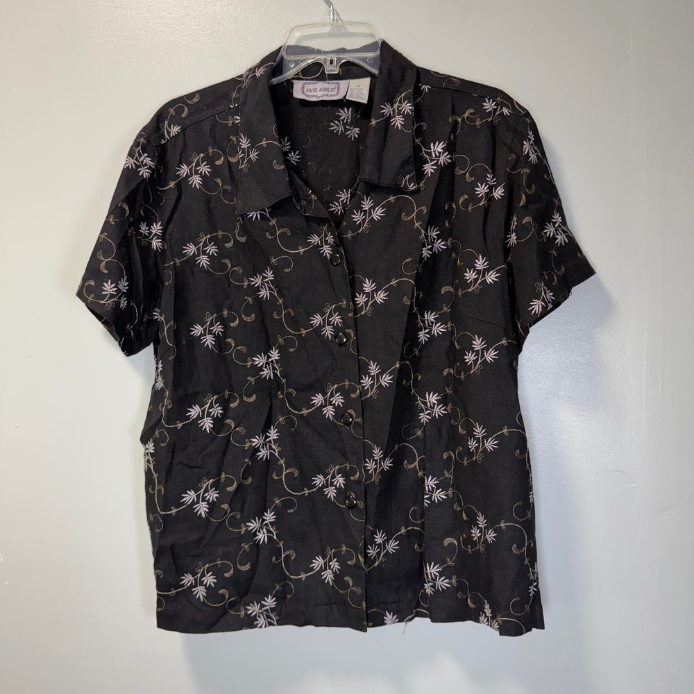 Jane Ashley Vintage Embroidered Linen Blend Button Up Shirt Black XL Cottagecore